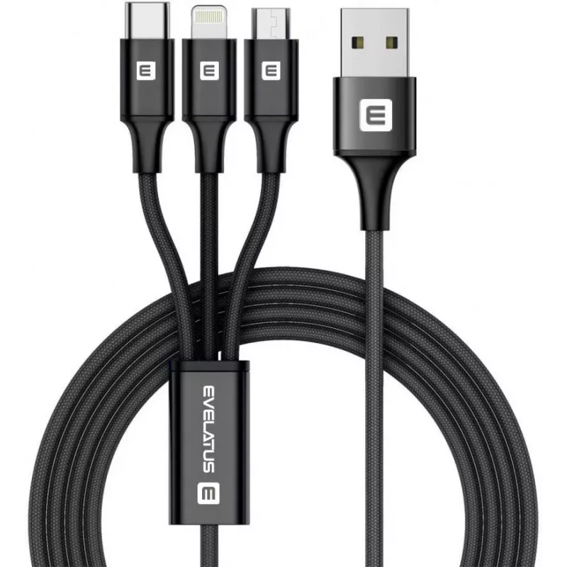 EVELATUS Data Cable 3in1 (Lightning, Type-C, Micro USB) LTM01 Black