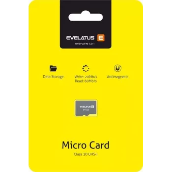 Evelatus MicroSDXC 64GB Class 10 UHS-I U1 V10 mälukaart, lugemiskiirus 60MB/s, kirjutamiskiirus 20MB/s