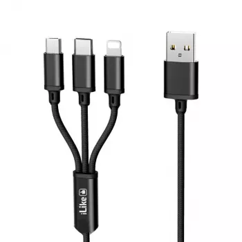 iLike Laadimiskaabel 3 in 1, USB-A – USB-C/Lightning/Micro USB, nailonpunutud, 1,2 m, must