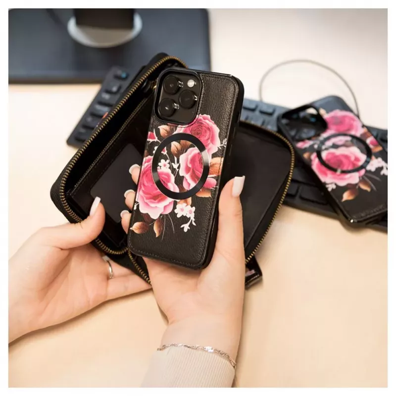 Evelatus Apple iPhone 14 Pro Leather Case Zipper Design Flower Black