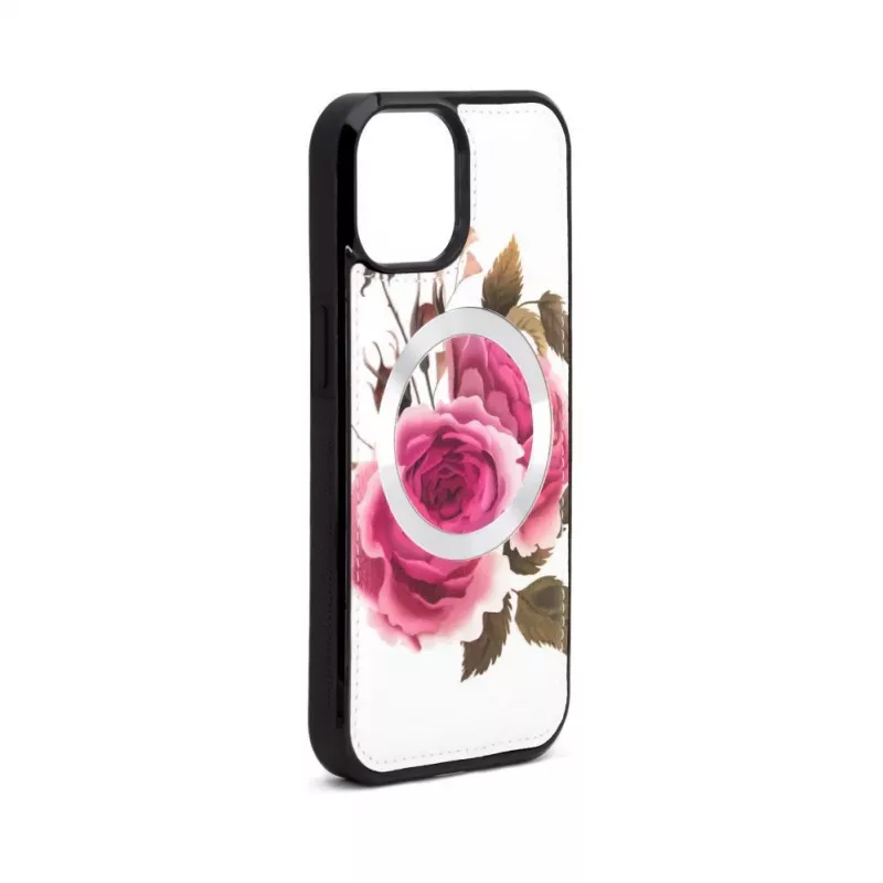 Evelatus Apple iPhone 15 Nahkkate Tõmblukuga Lilledisain Valge