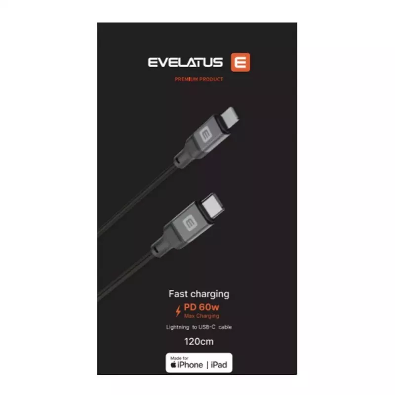 Evelatus USB-C to Lightning kaabel 2.0M 60W (MFI09) Alumiiniumkorpus Punutud Must