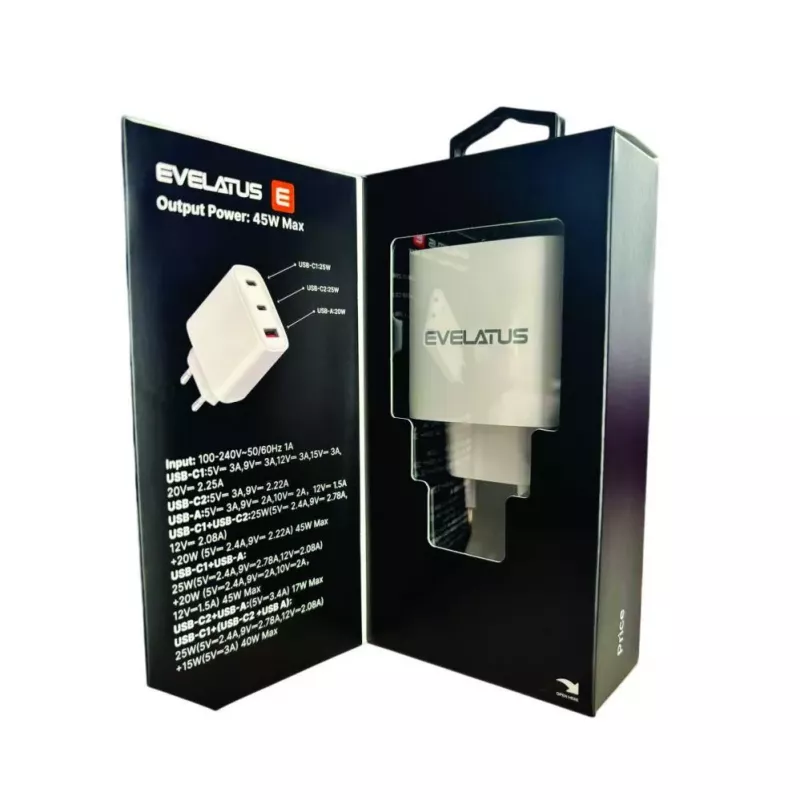 Evelatus 45W Max Fast Charger EU USB-C1/USB-C1/USB-A - RCE-4501ACCL Valge