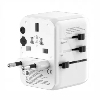 EVELATUS 35W World Travel Adapter 1 PD USB-C, 2 USB-C, 2 USB-A, Valge