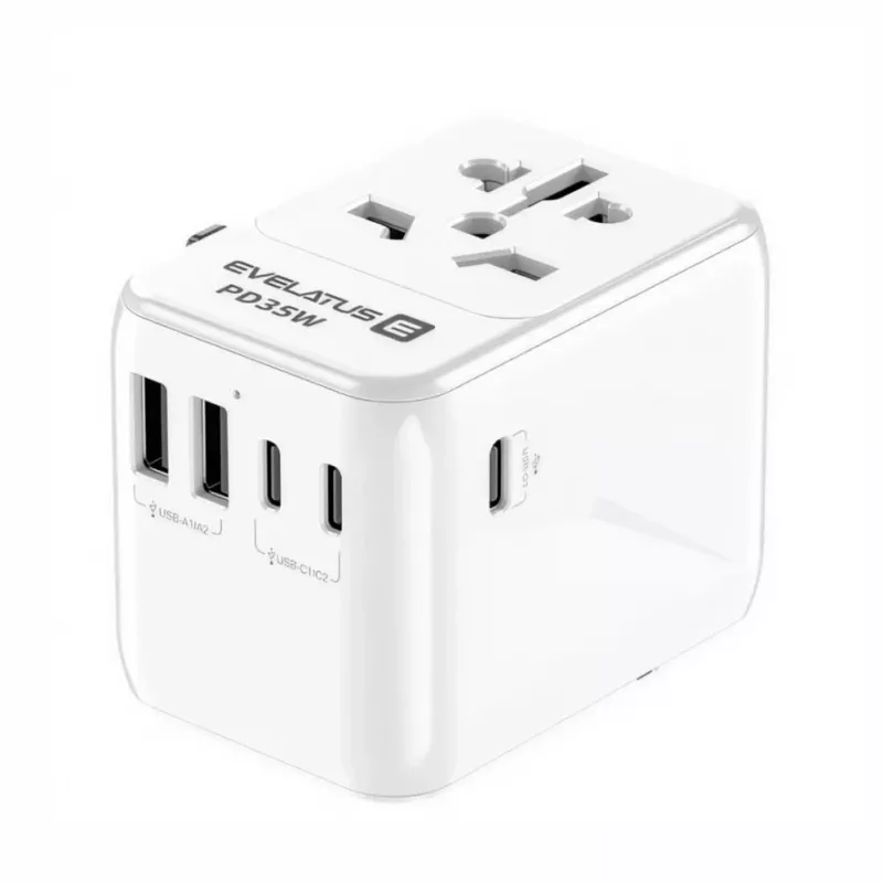 EVELATUS 35W World Travel Adapter 1 PD USB-C, 2 USB-C, 2 USB-A, Valge