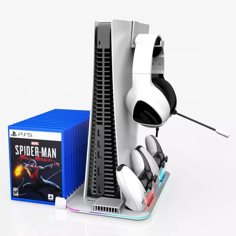 iLike DZ504 Slim Multi Dock Station PlayStation 5 PS5 kontrolleritele jahutusventilaatorite ja RGB-ga, must