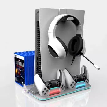 iLike DZ504 Slim Multi Dock Station PlayStation 5 PS5 kontrolleritele jahutusventilaatorite ja RGB-ga, must