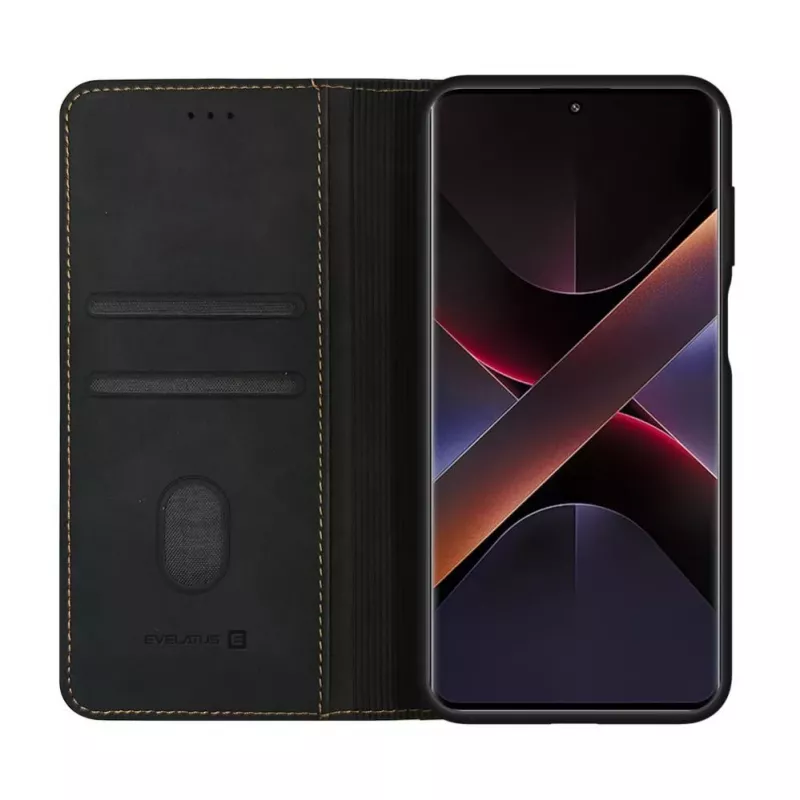 Evelatus Book Case Folio Xiaomi Redmi Note 14 Pro 4G / Poco X7 jaoks, must, PU-nahk