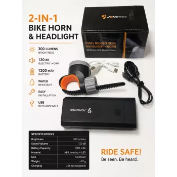 iLike JOHORSE Jalgratta esituli ja elektriline helisignaal – 300 luumenit, 120dB, USB-laetav