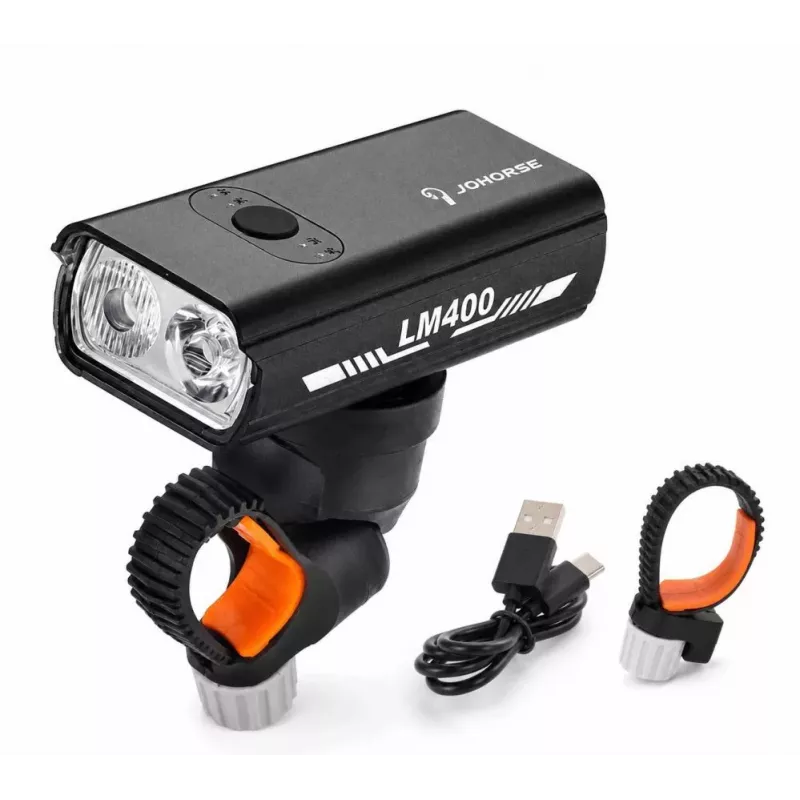 iLike JOHORSE USB-laetav jalgratta esituli, 400LM LED jalgratta esituli, kahekordne valgusvihk, alumiiniumkorpus, aku indikaator, veekindel jalgrattatuli