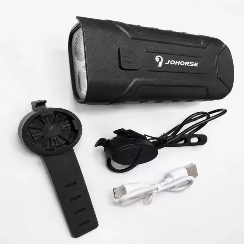 iLike JOHORSE laetav jalgrattatuli 120dB helisignaaliga, USB-laetav LED-esituli, kõrge/madal tuli, IPX4 veekindel, must esituli