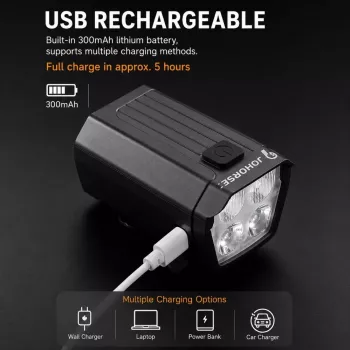 iLike JOHORSE USB-laetav jalgratta esituli 120dB elektrilise helisignaaliga, 300LM 4 LED-iga, 7 valgusrežiimi, lenksupuldi lüliti, IPX4 veekindel, must