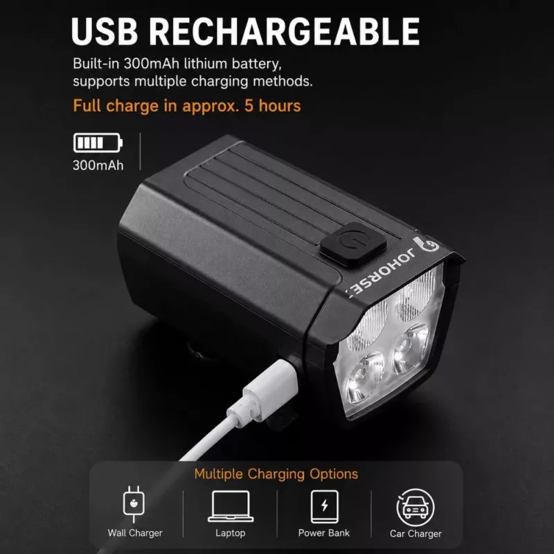 iLike JOHORSE USB-laetav jalgratta esituli 120dB elektrilise helisignaaliga, 300LM 4 LED-iga, 7 valgusrežiimi, lenksupuldi lüliti, IPX4 veekindel, must
