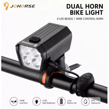 iLike JOHORSE USB-laetav jalgratta esituli 120dB elektrilise helisignaaliga, 300LM 4 LED-iga, 7 valgusrežiimi, lenksupuldi lüliti, IPX4 veekindel, must