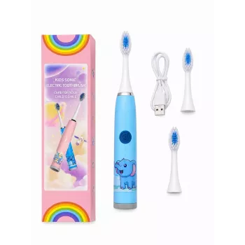 iLike Kids Rechargeable Sonic Electric Toothbrush, USB Charging, 3 Brush Heads (1+2 Replacement Heads), Soft Bristles, Waterproof, Blue Elephant Design Blue