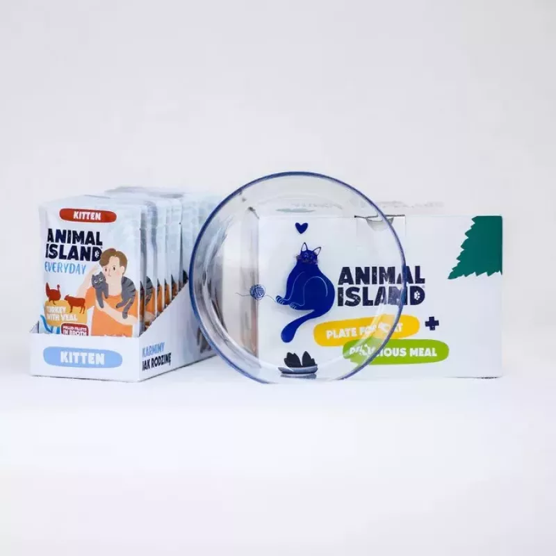 ANIMAL ISLAND Kitten kalkuni- ja vasikaliha märg kassitoit 12x85g + taldrik