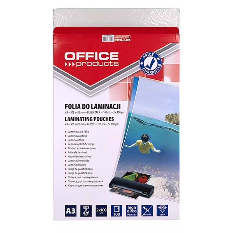 PBS OFFICE PRODUCTS Lamineerimiskile A3 2x100 Mikronit Läikiv 100 Lehte Läbipaistev