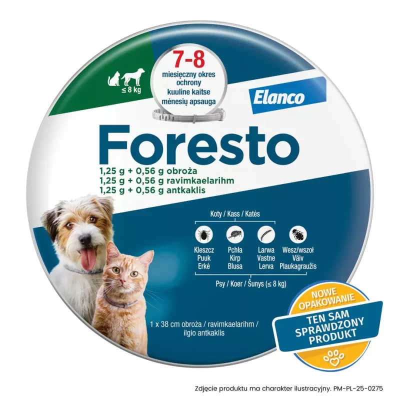 ENA ELANCO Foresto kirbu- ja puugikaelarihm kassidele ja koertele kuni 8 kg