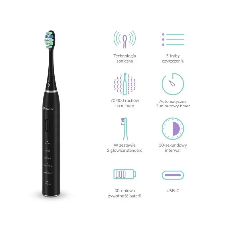 TLF TrueLife SonicBrush Clean30 Must Täiskasvanute Ostsilleeriv Hambahari
