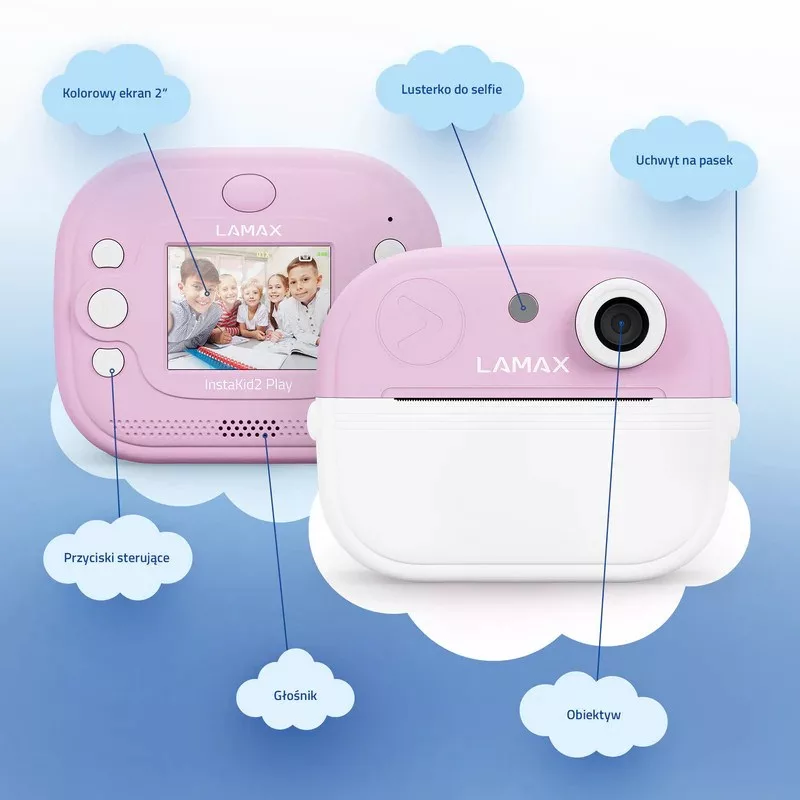 LAMAX InstaKid2 Play laste digikaamera, roosa, 2.0 inch IPS-ekraan, Full HD video, 48 Mpx foto, microSD