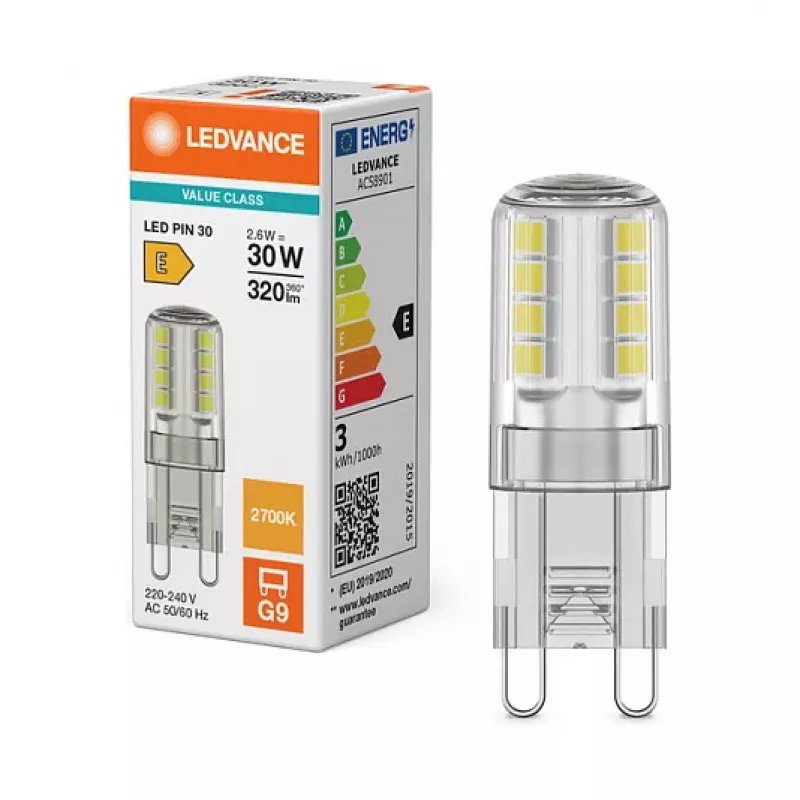 OSRAM LED PIN G9 2.6W 827 Clear G9 LED-lamp koos retro-pistikupesaga