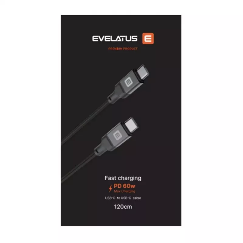 Evelatus USB-C to USB-C kaabel 1,2 m 60 W PD punutud nailonist valge