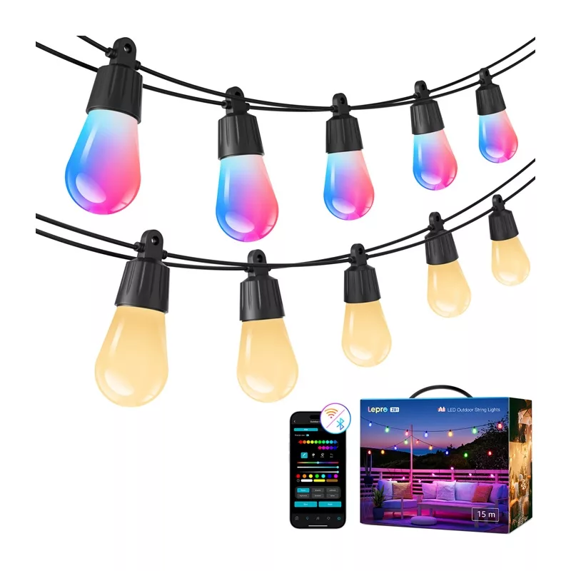 Lepro 15M ZB1 AI Outdoor String Lights - RGBIC Smart Wi-Fi LED String Lights, 15 Meters, IP65, Works with Alexa/Google Assistant