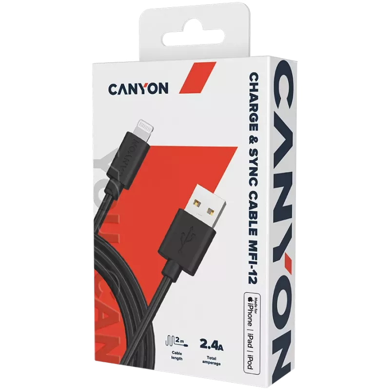 CANYON MFI-12 USB-A to Lightning kaabel 2m Must