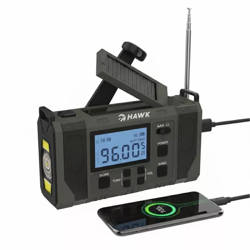 Hawk HWRDI420GN Hädaabiraadio päikesepaneeli, dünamo, taskulambi, AM/FM/SW, roheline