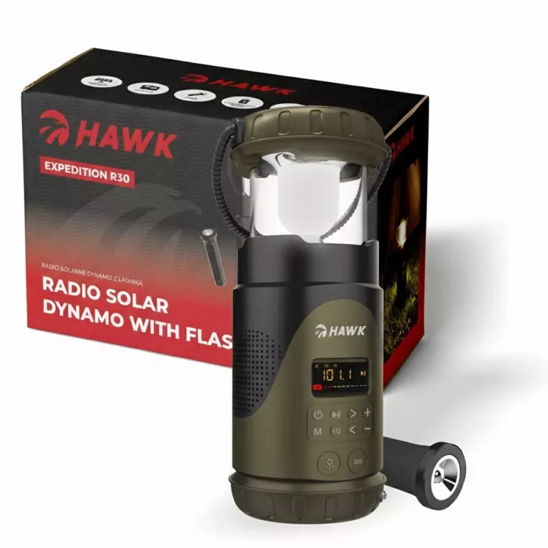 Hawk HWRDI430GN Raadio Päikesepatarei Dünamo Taskulambiga