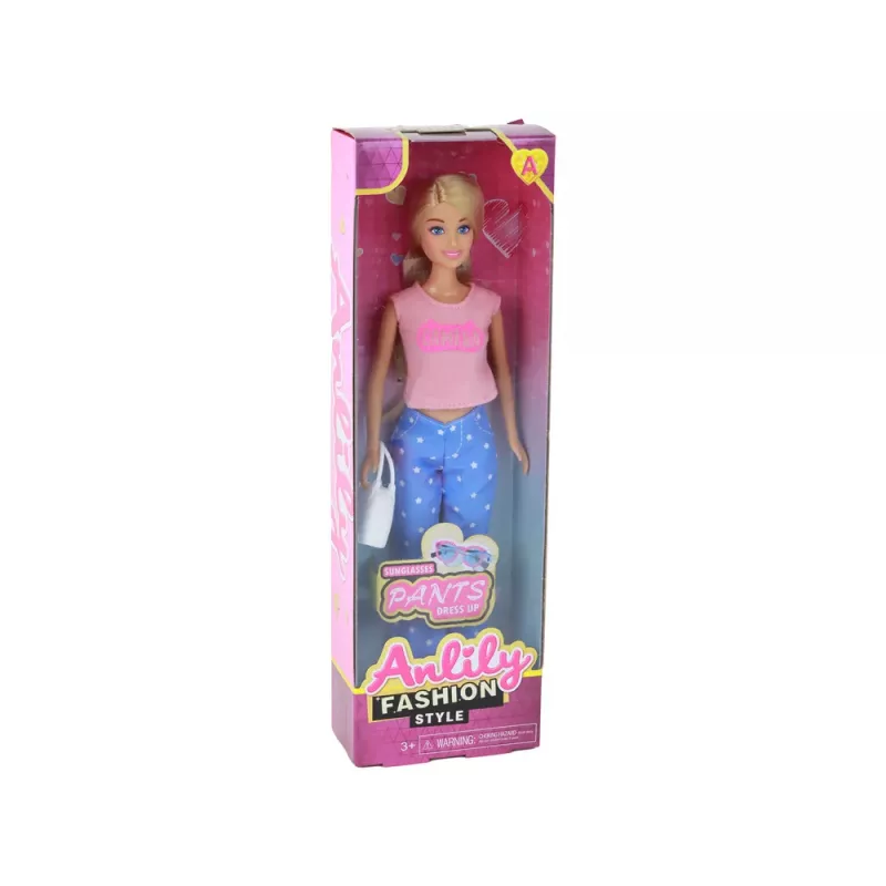 LEAN TOYS Anlily laste nukk pikkade blondide juuste, käekoti ja prillidega, roosa pluus