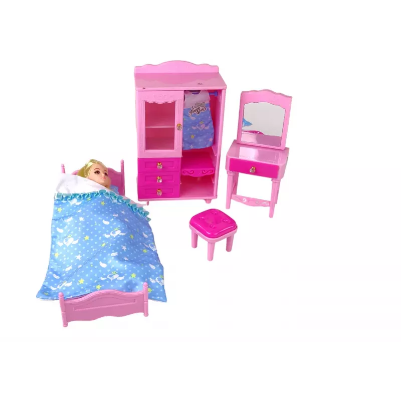LEAN TOYS Nukumööbli komplekt voodi, riidekapp, tualettlaud 29-30 cm moenukkudele, roosa, 3 tükki