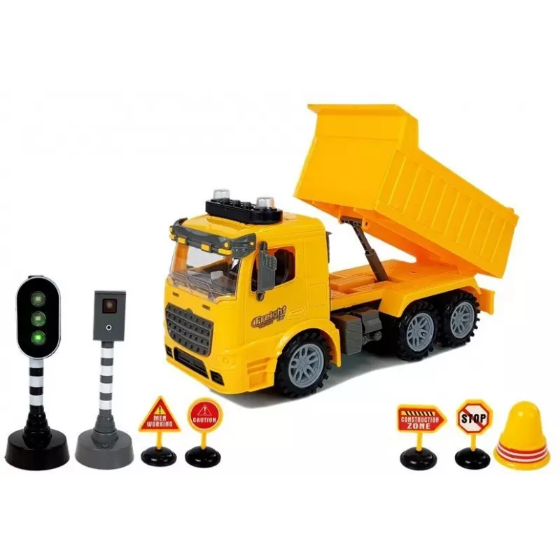LEAN TOYS Tipper Set 1:14 RC Dump Truck with Road Signs, Lights & Speed Camera - Yellow