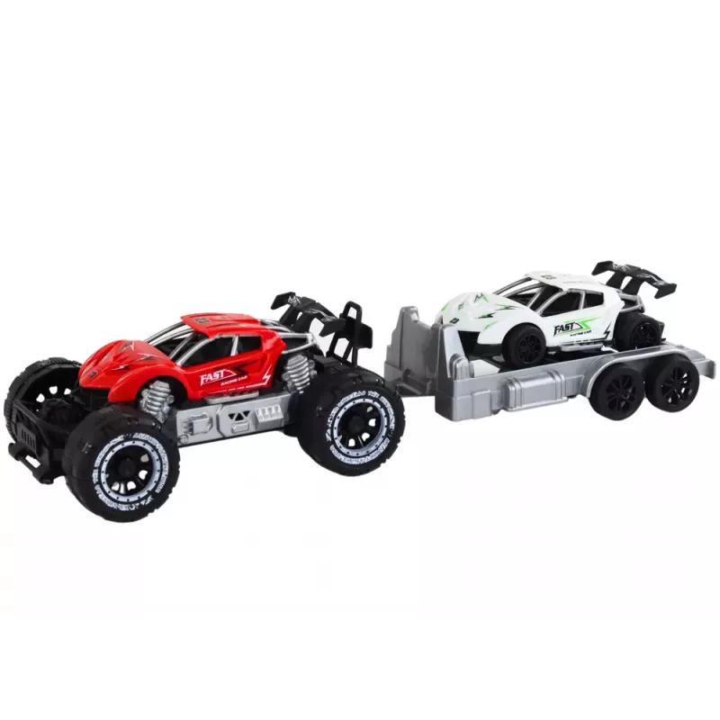 LEAN TOYS Punase maastikuauto ja valge sportauto ning puksiiri komplekt