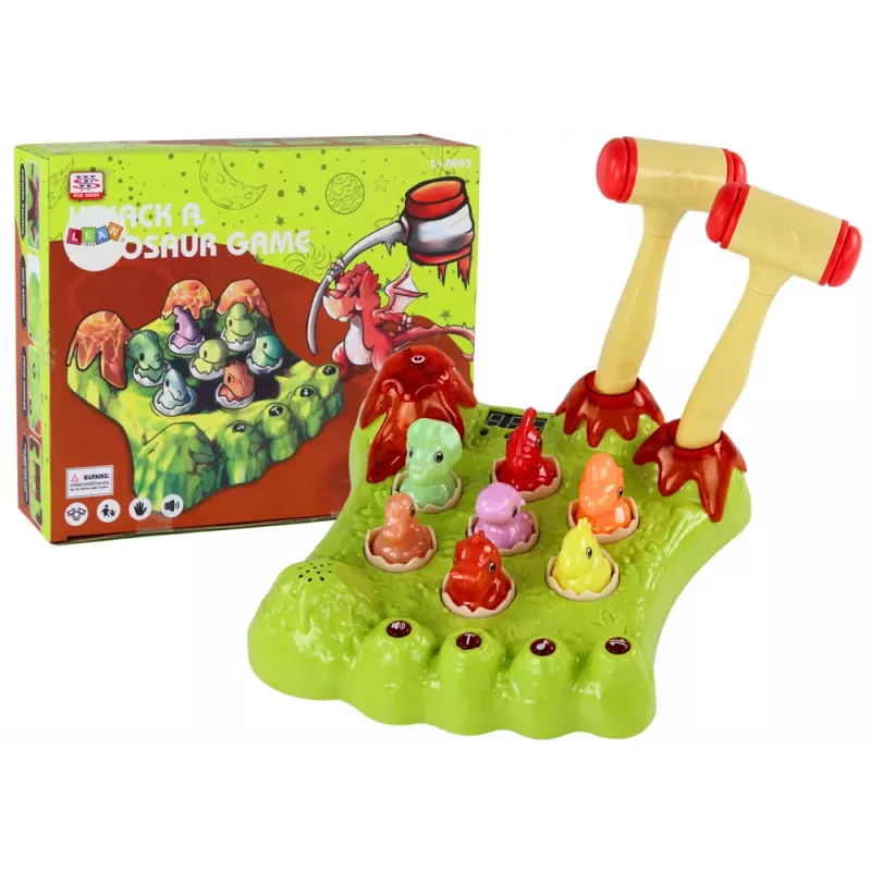 LEAN TOYS Wack-A-Mole mäng dinosauruste teemal, kaks haamrit, roheline, tuled ja helid