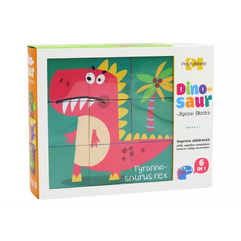 LEAN TOYS Hariv pusle 6in1 klotsipusle kuubikud 6 pilti dinosaurused 9 tk