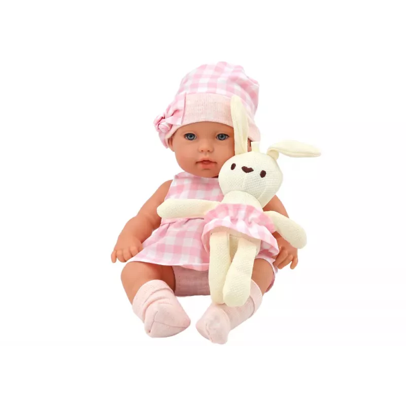 LEAN TOYS Beebinukk jänkukandjas roosa ruudulise riietusega