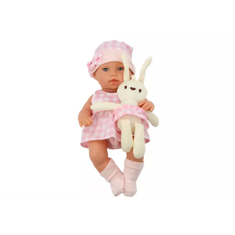 LEAN TOYS Beebinukk jänkukandjas roosa ruudulise riietusega
