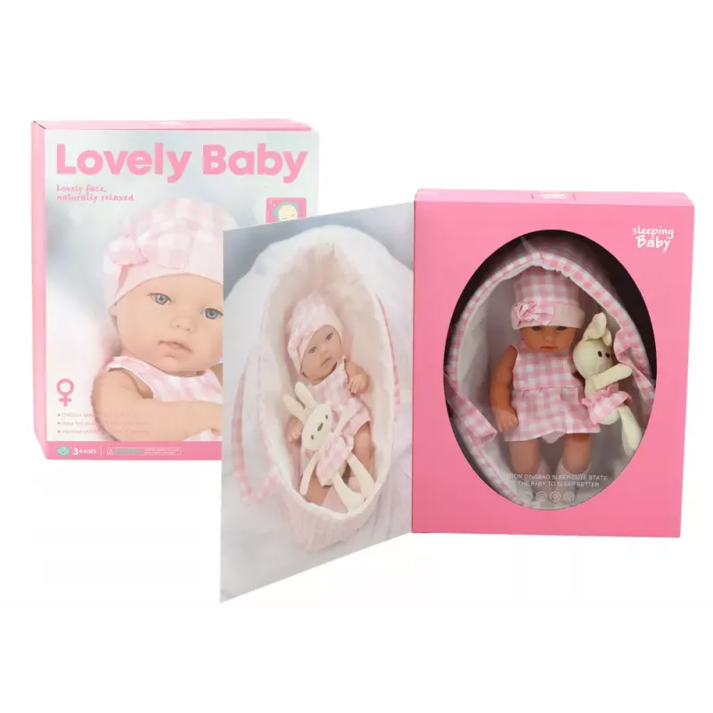 LEAN TOYS Beebinukk jänkukandjas roosa ruudulise riietusega