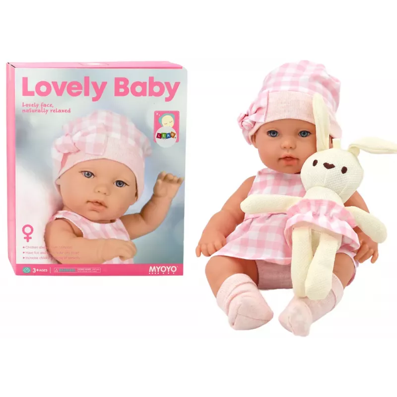 LEAN TOYS Beebinukk jänkukandjas roosa ruudulise riietusega