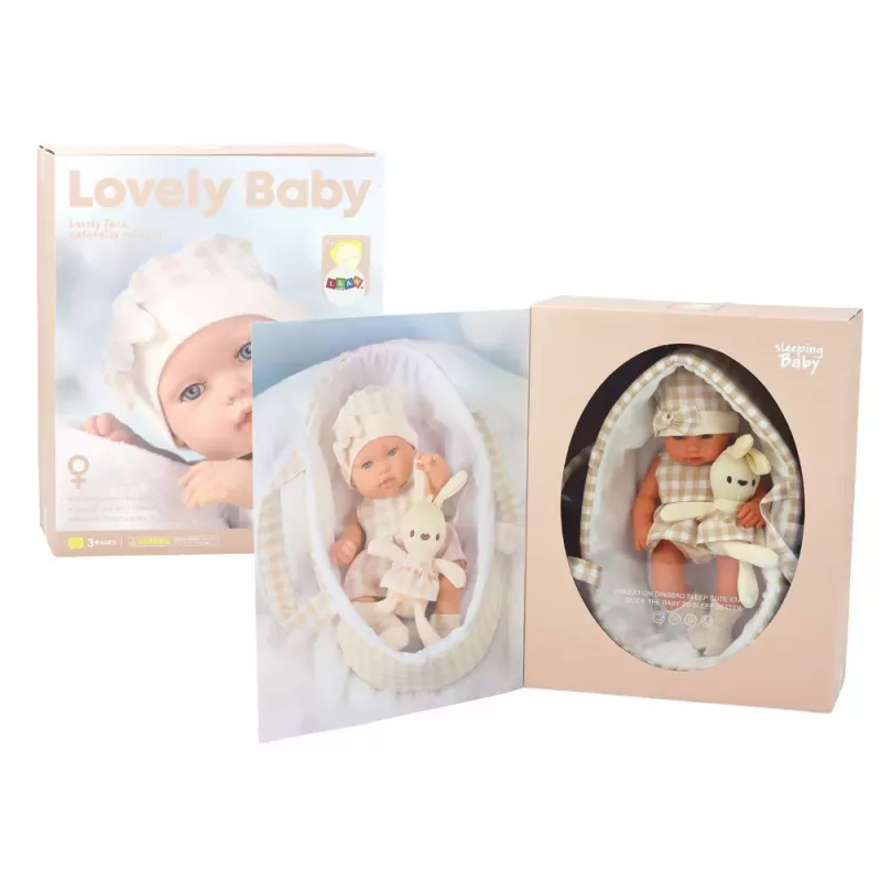 LEAN TOYS Beebinukk kandekotis jänkuriietuses, beež