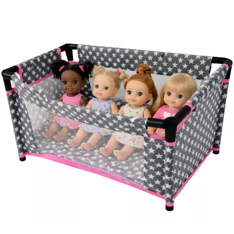 LEAN TOYS Alice nukkude voodi tähtede, koti, teki ja padjaga, hall ja roosa