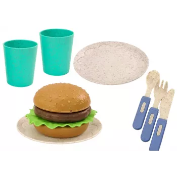 LEAN TOYS Sööginõude komplekt, taldrikud, tassid, kann, hamburger, söögiriistad, 11 tk