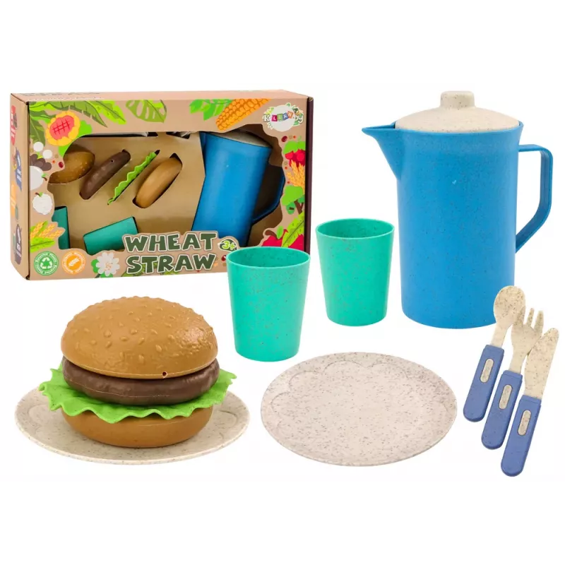 LEAN TOYS Sööginõude komplekt, taldrikud, tassid, kann, hamburger, söögiriistad, 11 tk