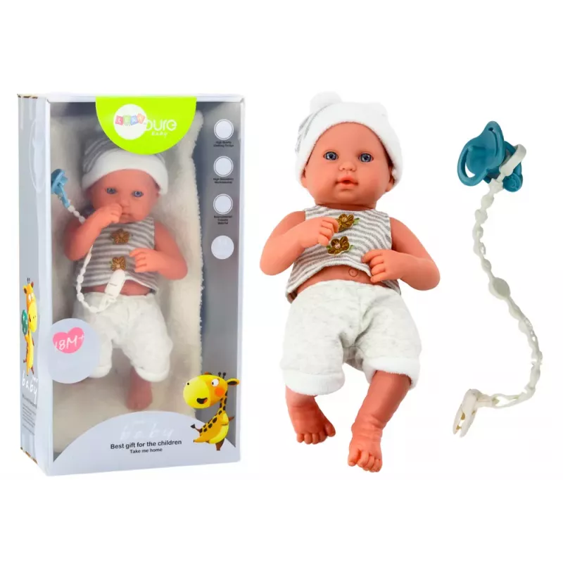 LEAN TOYS Beebinukk valgete ja hallide riiete, mütsi, luti ja tekiga