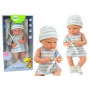 LEAN TOYS Beebinukk sinistes ja valgetes riietes, müts, lutt, põll, tekk