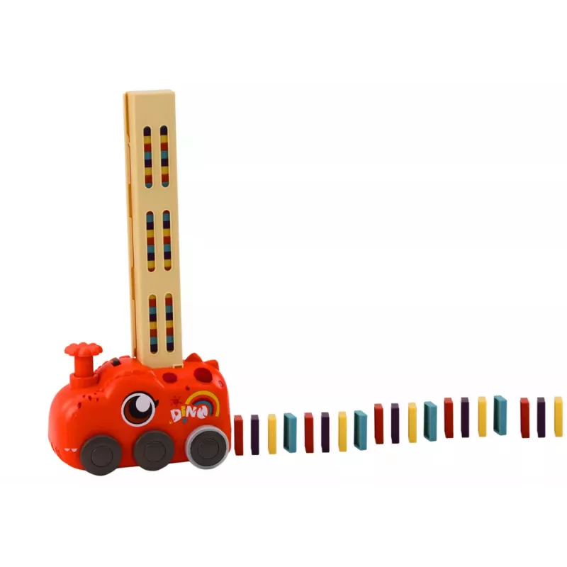 LEAN TOYS Punane Dinosaursõiduk Akuautomaat Domino Ladumiseks 4 Värvi Klotse