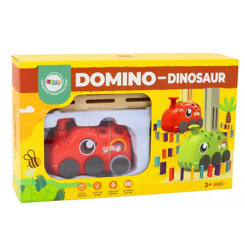 LEAN TOYS Punane Dinosaursõiduk Akuautomaat Domino Ladumiseks 4 Värvi Klotse
