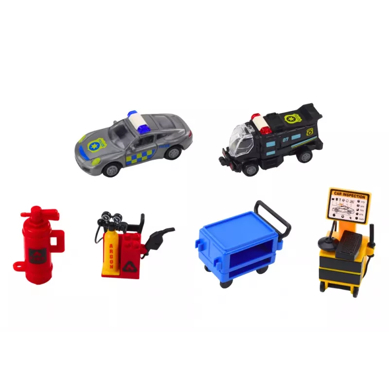 LEAN TOYS Set of Expandable Garage Track in a Suitcase Police Lights and Sounds