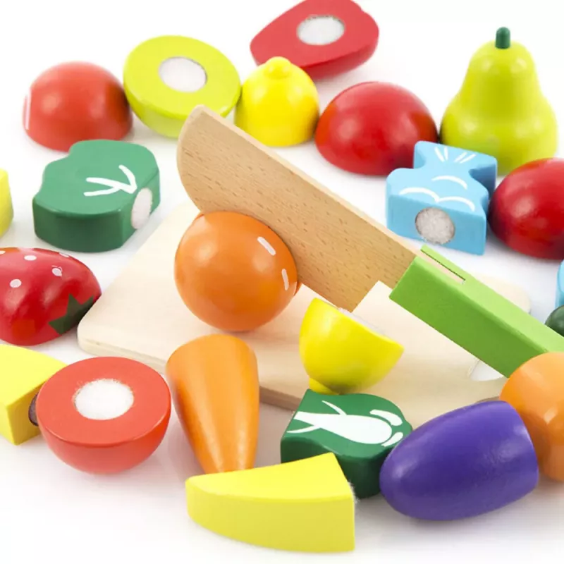 LEAN TOYS Köögivilja- ja puuviljalõikamiskomplekt ämbriga, lõikelaud ja nuga, puidust